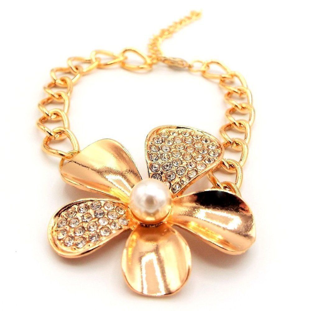 Yellow Gold with White Diamond Crystal and Pearl Flower Adjustable Bracelet